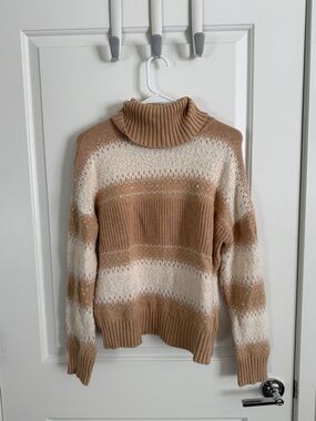 Tahari Camel and Cream Striped Turtleneck Sweater